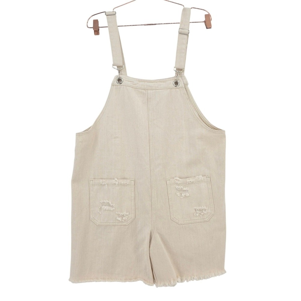 POL Womens L Cream Denim Frayed Hem Short Overalls NWT